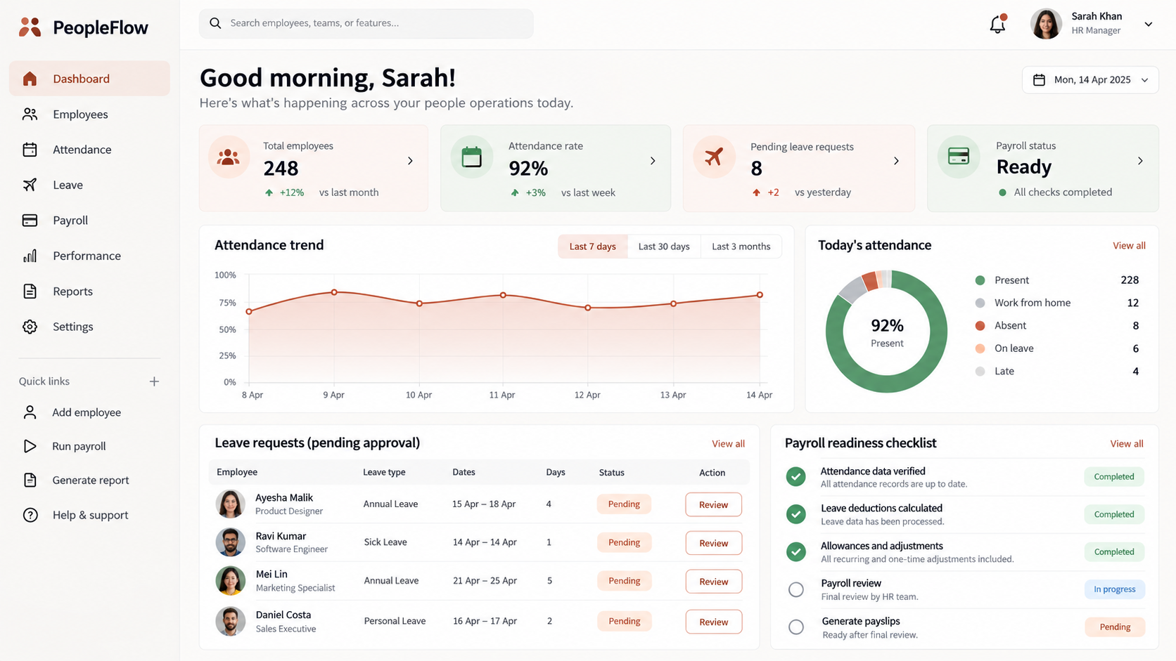 Generated PeopleFlow concept mockup showing attendance, leave approvals and payroll readiness.