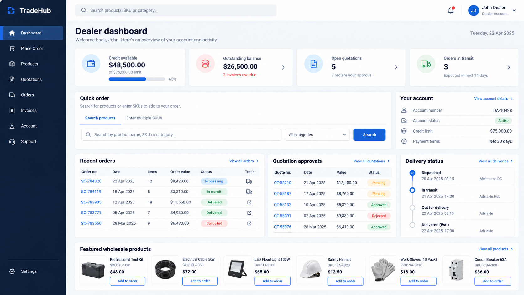 Generated TradeHub concept mockup showing dealer credit, quick ordering, quotations and delivery status.