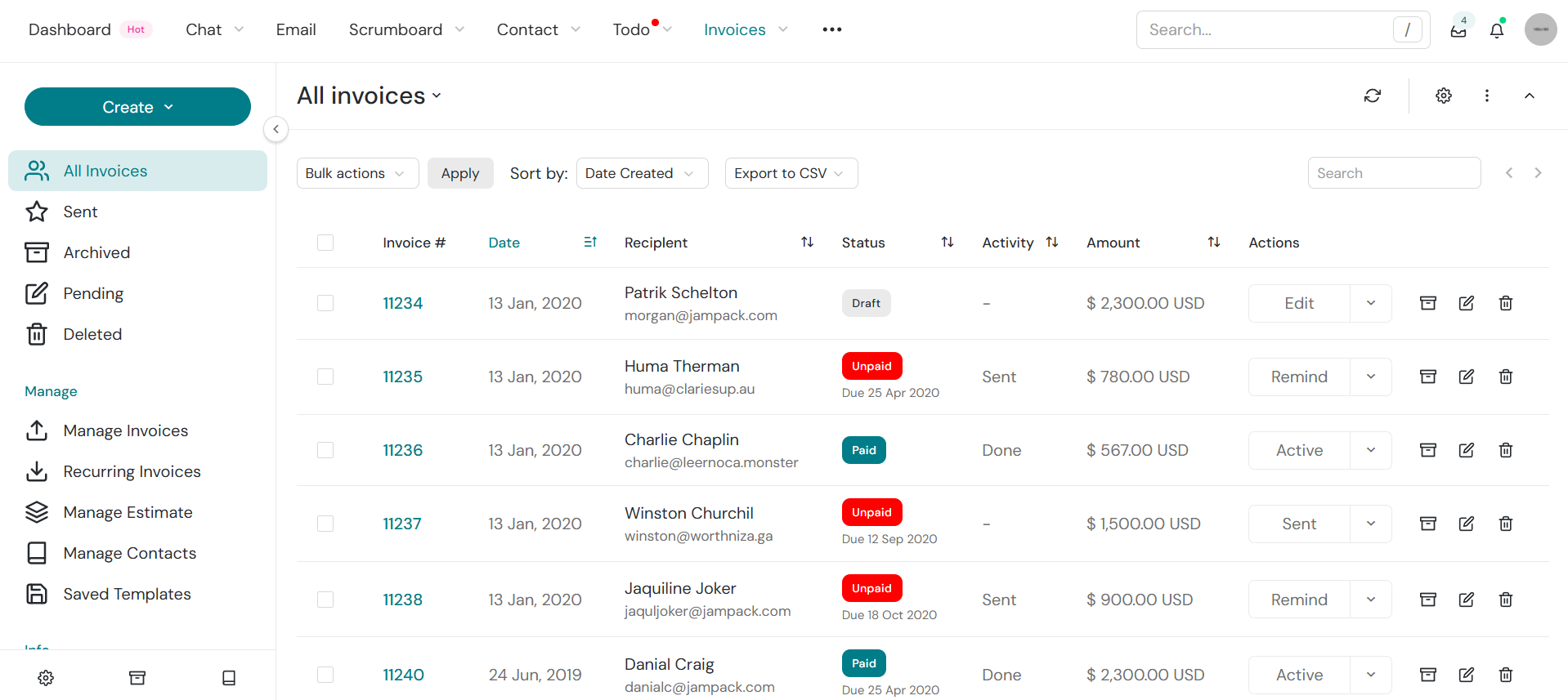 FinServ CRM invoice list with payment status, search, export and record actions.