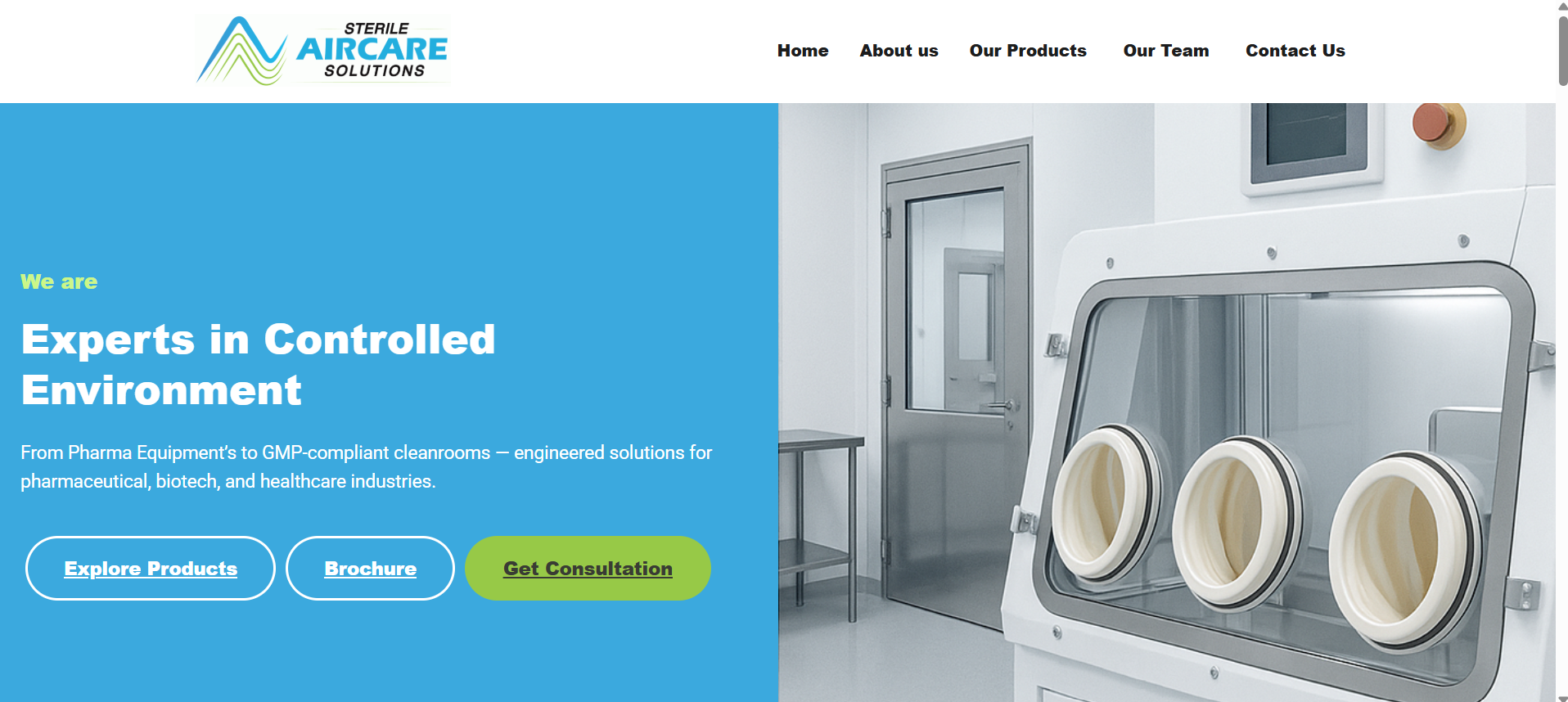 Sterile Aircare Solutions homepage presenting controlled-environment engineering expertise.