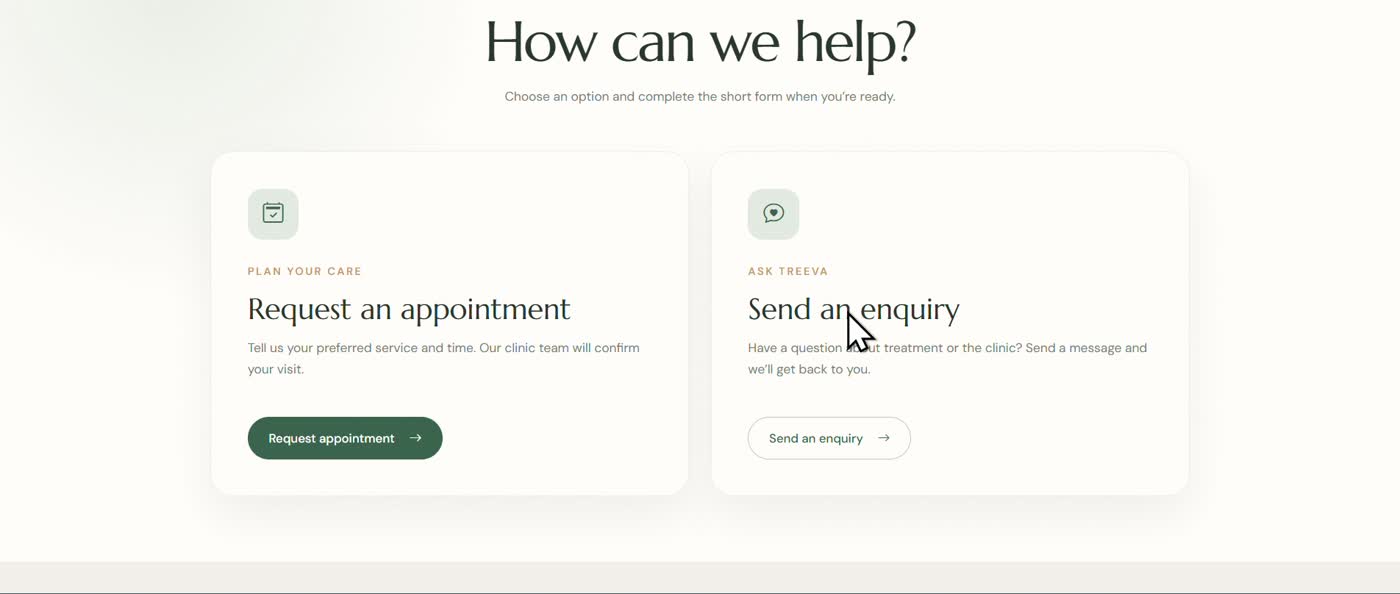 Treeva Healthcare public website offering appointment requests and patient enquiries. Frame from the supplied project recording.